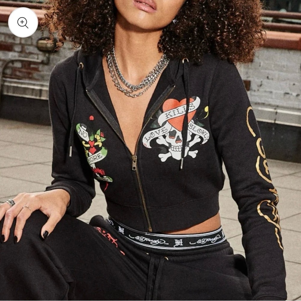 Ed Hardy Love Kills Slowly Matching Set Hoodie & Sweatpants Y2K Black Size S - Picture 2 of 11